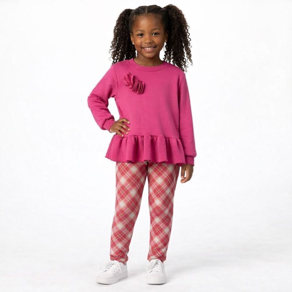 Just Lizzy Girls Pink Ruffle Hem Top & Plaid Leggings Outfit Set Size 6